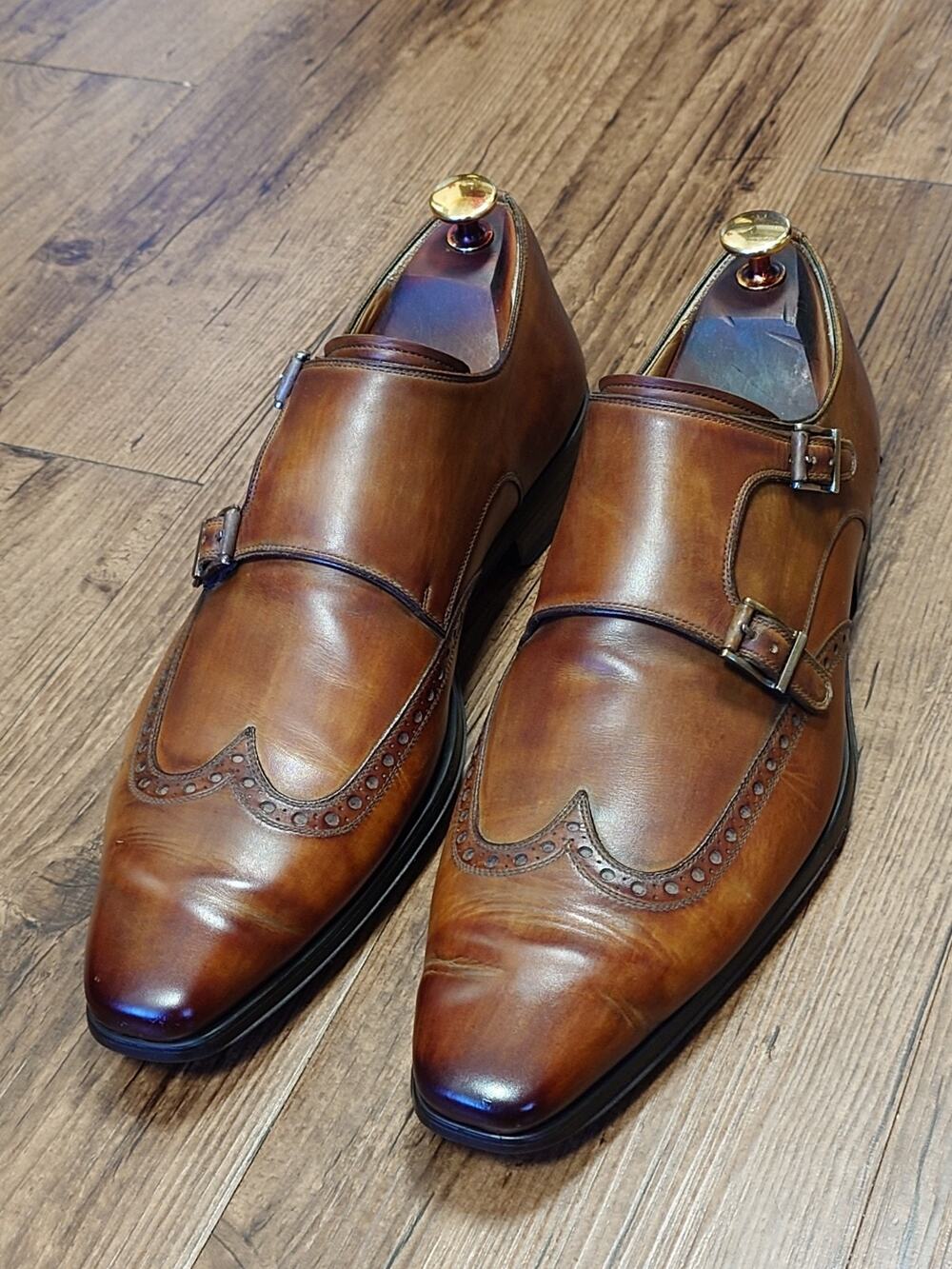 Magnanni Double Monk Strap Dress Shoes Size 9.5M Brown Burnish Made In Spain